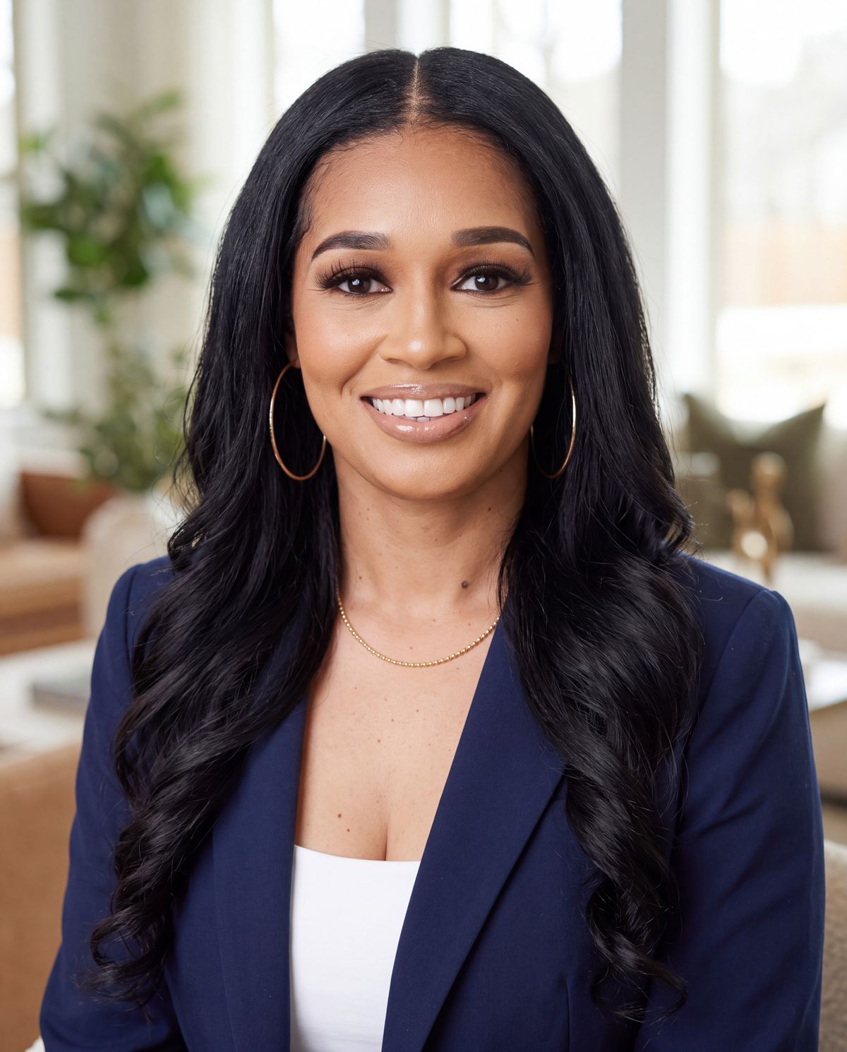 Stephanie Johnson in a navy blazer in a bright living room