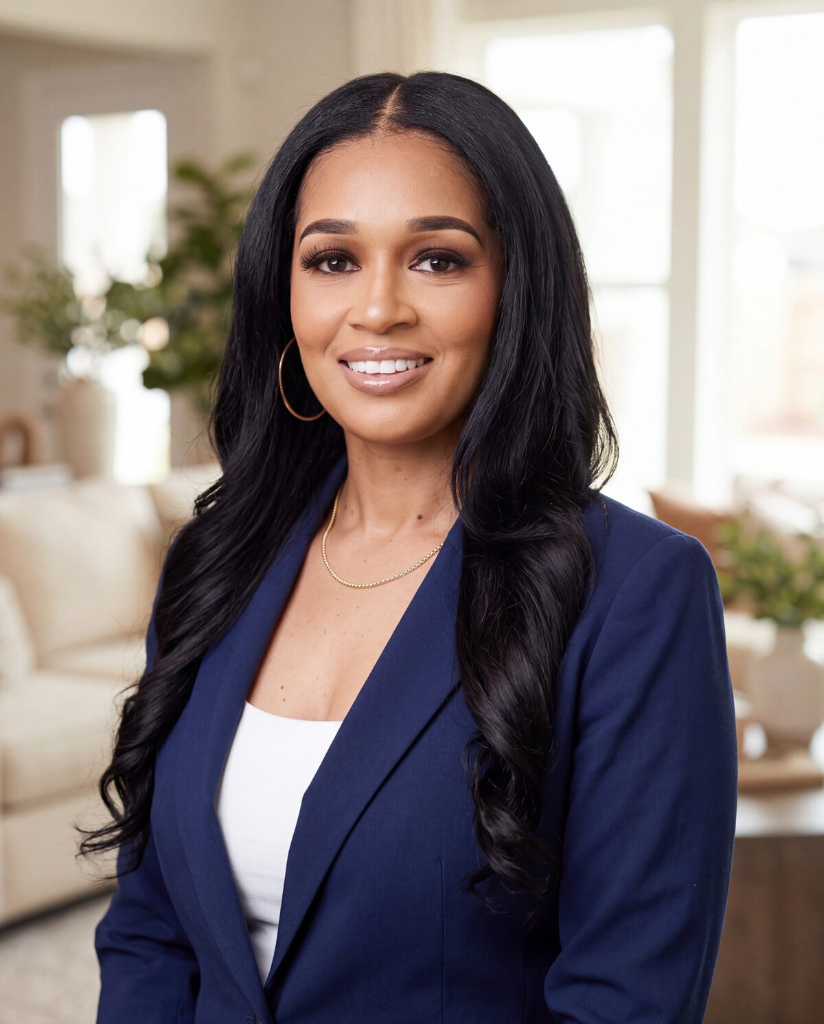 Stephanie Johnson in a navy blazer in a living room, smiling softly