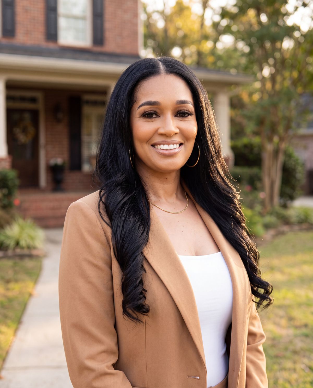 Stephanie Johnson, Coldwell Banker Realty broker, in a camel blazer in front of a home
