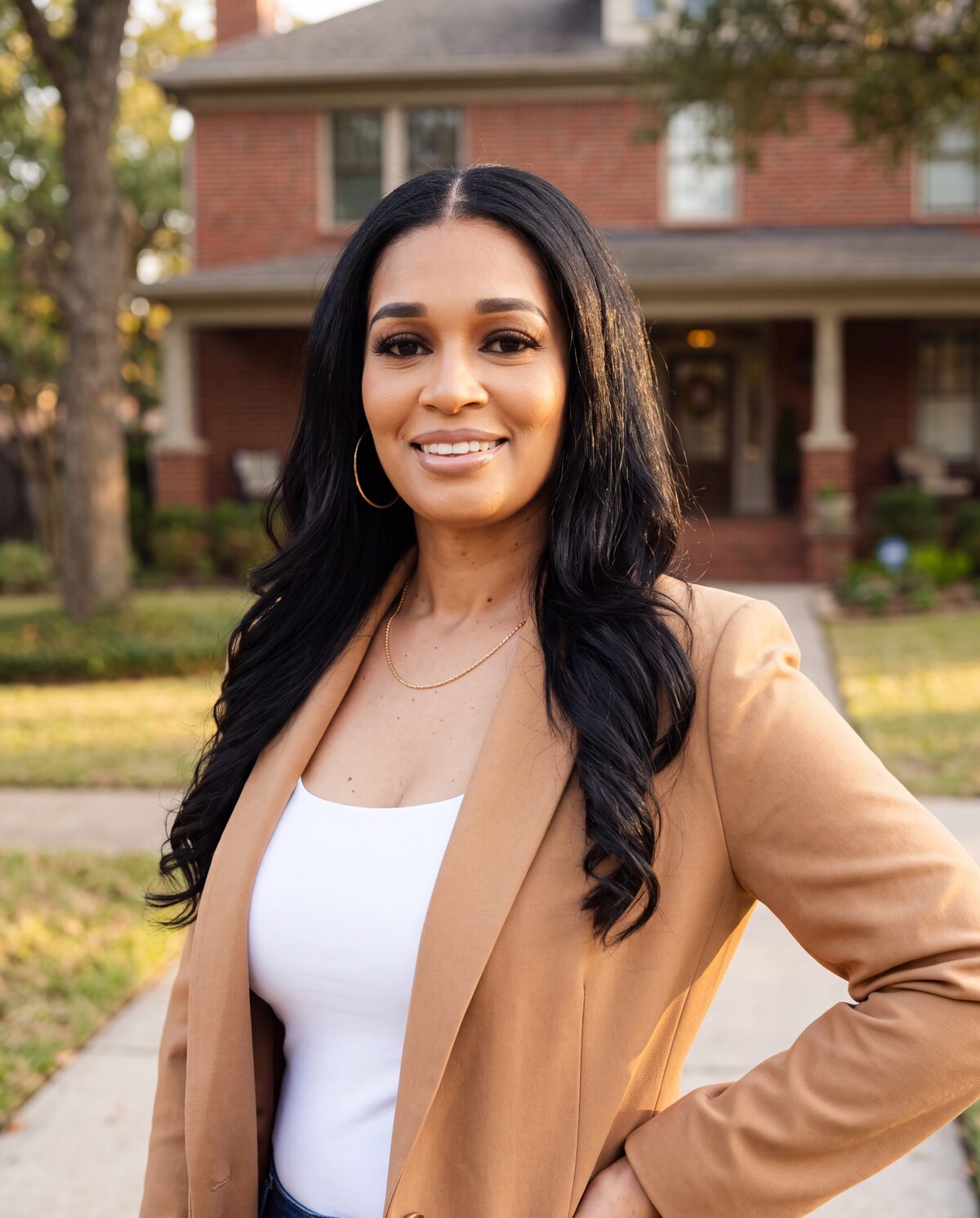 Stephanie Johnson in a camel blazer in front of a brick home