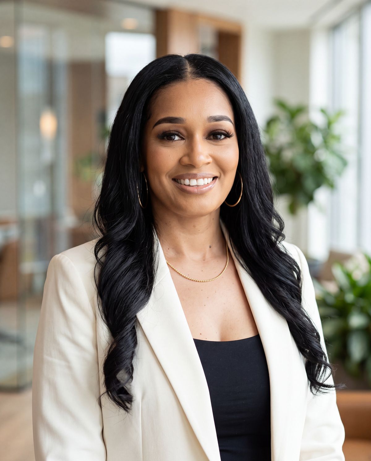 Stephanie Johnson, Coldwell Banker Realty broker, in an ivory blazer in a sunlit office