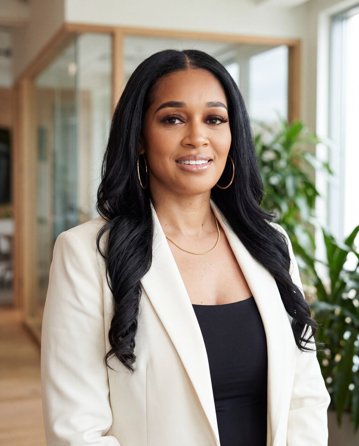 Stephanie Johnson in an ivory blazer in a sunlit office