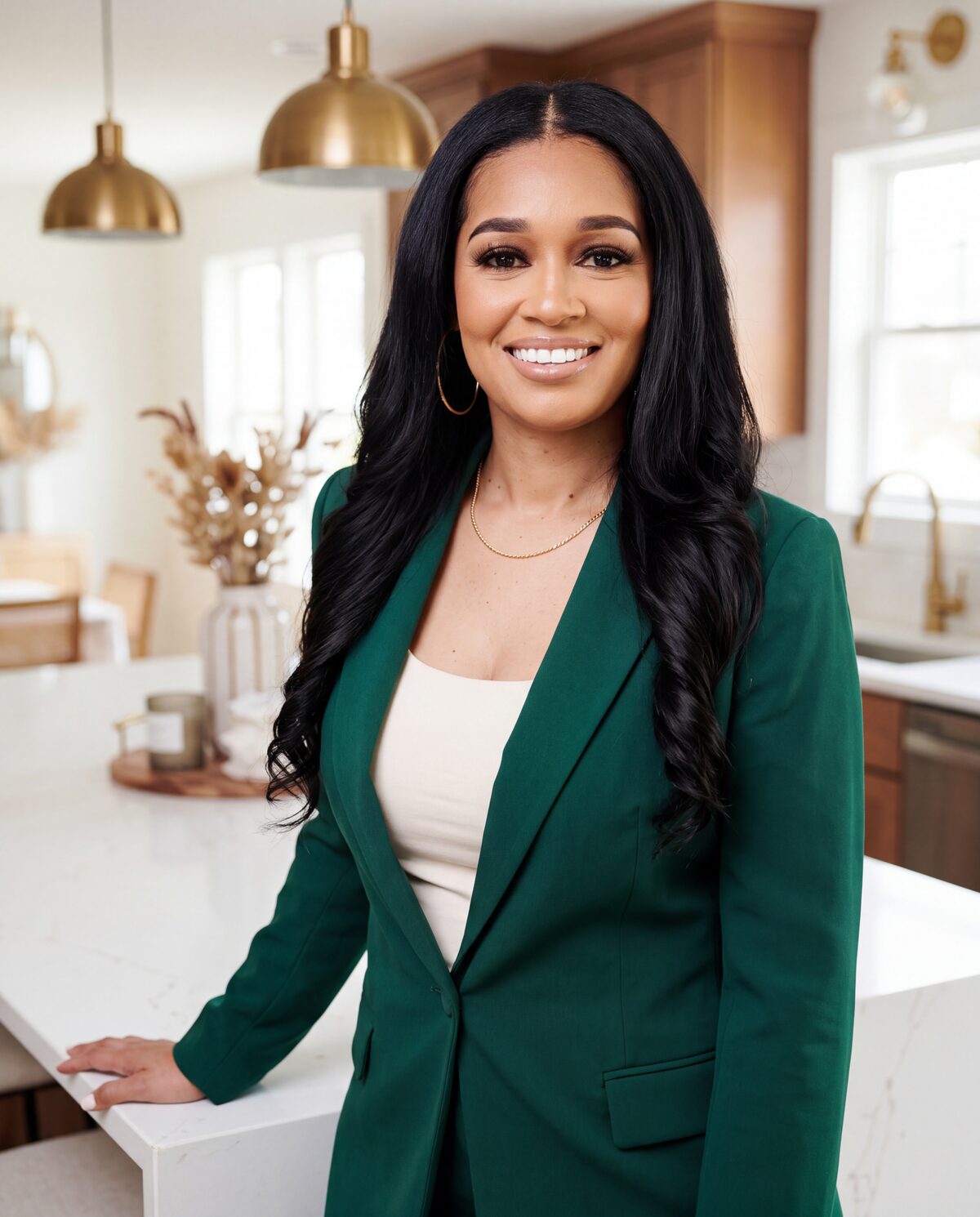 Stephanie Johnson in an emerald blazer at a kitchen island